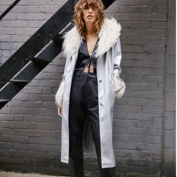 Nasty Gal Silver Faux Shearling Fur Collar Trench Coat : Size US 10 - Picture 1 of 6